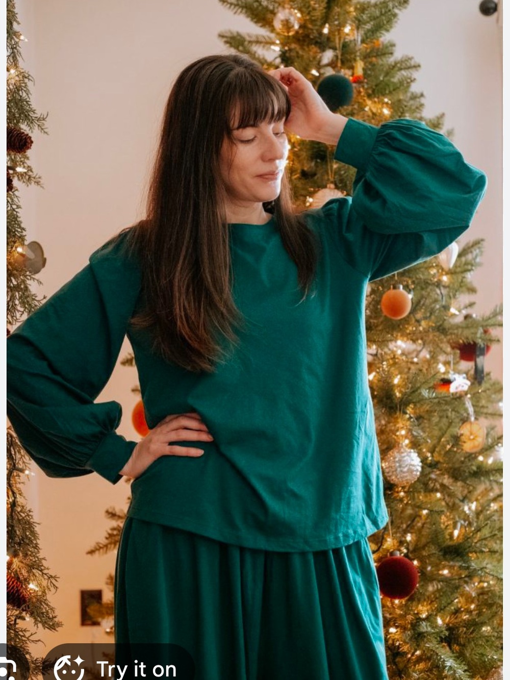 Lunya XL Organic Pima Cotton Puff Long Sleeve T-Shirt Emerald Green Lounge